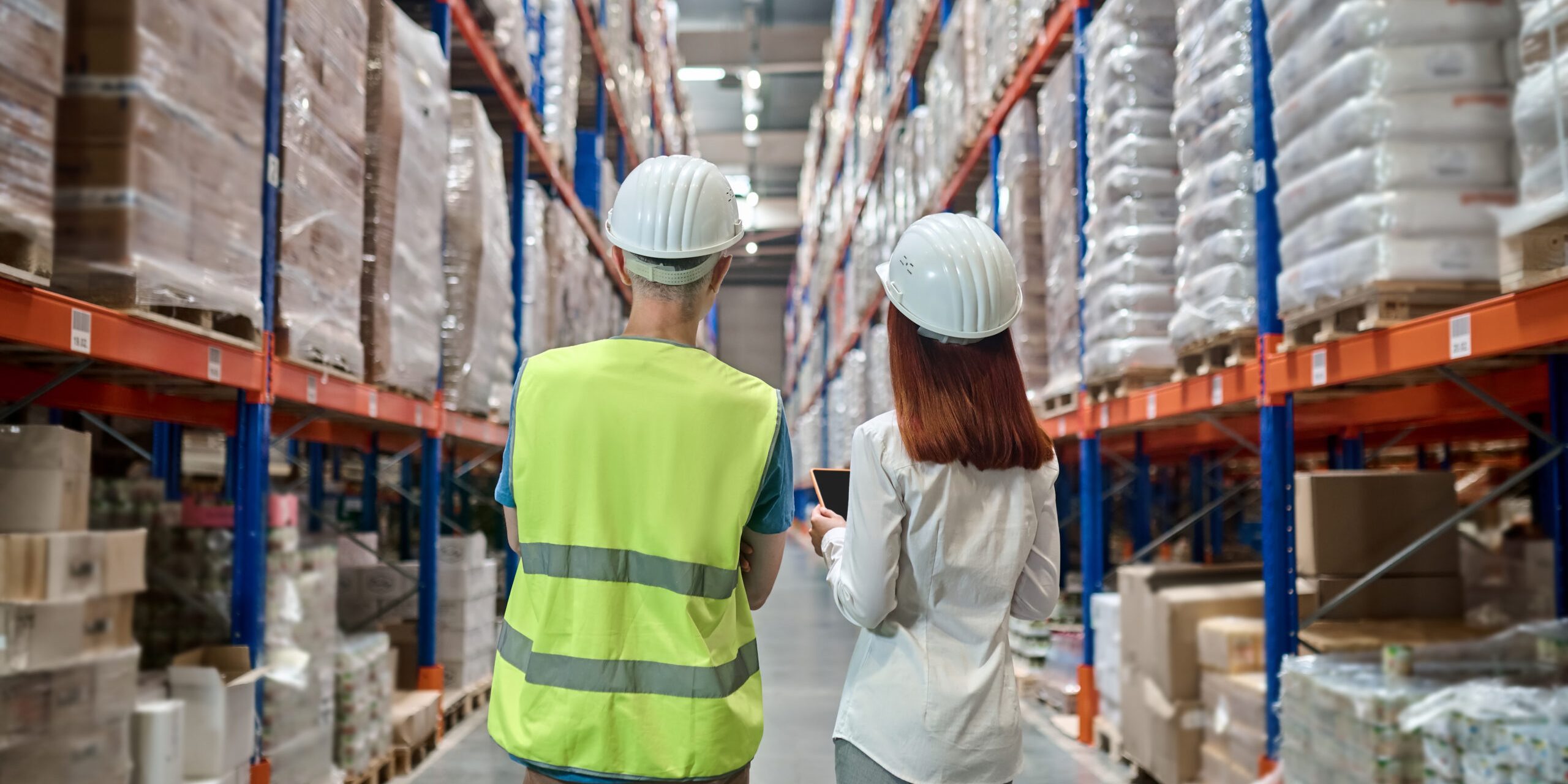 Back view of woman and man in warehouse aisle Подготовка на групажни пратки