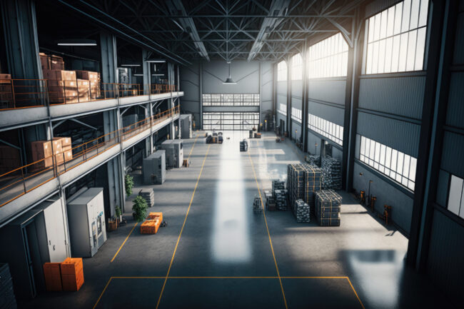 Interior of a large logistics warehouse. Ai generative верига за доставки